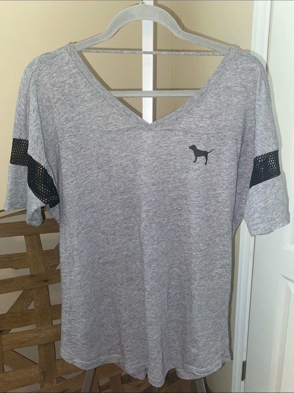 V‑Neck Dolman Tee with Black Mesh Sleeves